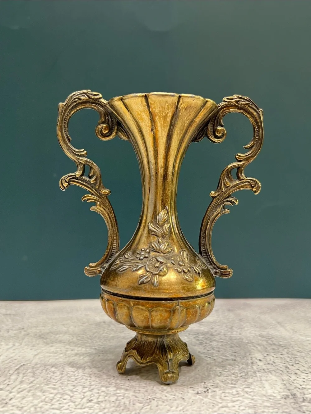 Mid Century Italian Ornate Brass Bud Vase Rococo Hollywood Regency Neoclassical